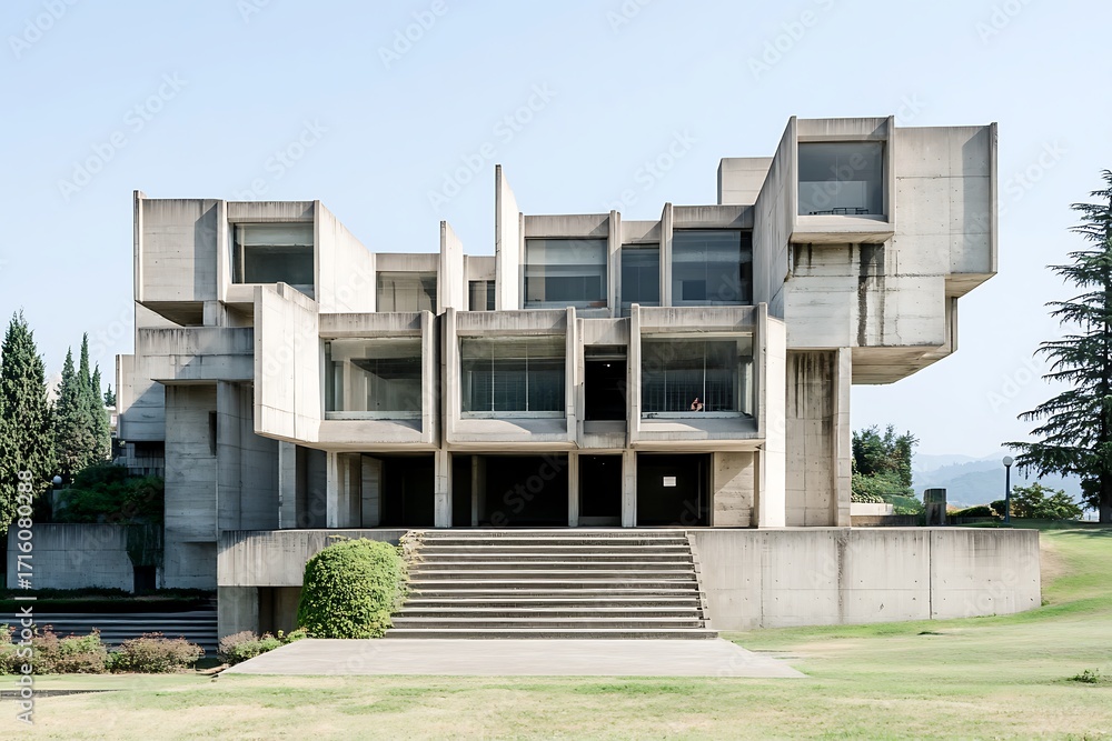 Poster exterior of a brutalist building with large, raw concrete facades and open spaces around it