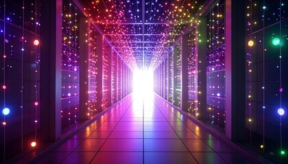 Futuristic data center tunnel, brightly lit with colorful nodes and glowing lights, leading towards an illuminating end
