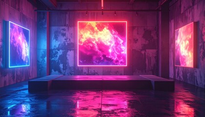 A modern art gallery showcasing glowing neon framed artwork on a concrete stage.
