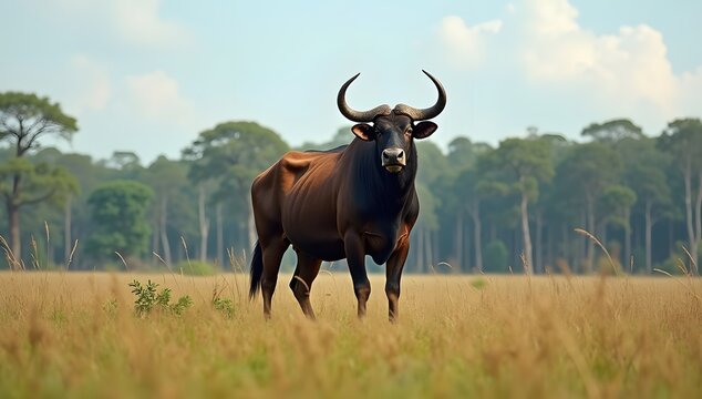 A majestic gaur bull standing proudly in a grassy field, its impressive horns and powerful build a symbol of strength in the wild.