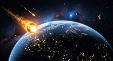 Obraz premium Meteorite impact on earth with city lights and moon in space asteroid impact on planet earth space background with meteor shower