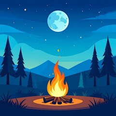 Night campfire scene in a forest
