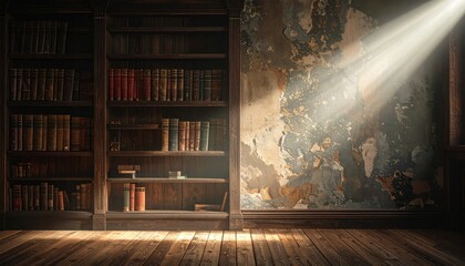 A dimly lit library interior with bookshelves, books, and a beam of light.