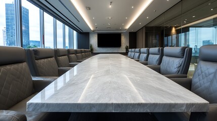 A long conference table with quilted leather chairs dominates a modern, high-rise office space, suggesting a setting for important business discussions and strategic planning.