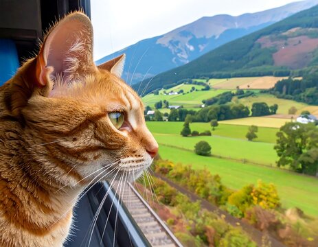 Ginger cat looks out train window at a scenic landscape