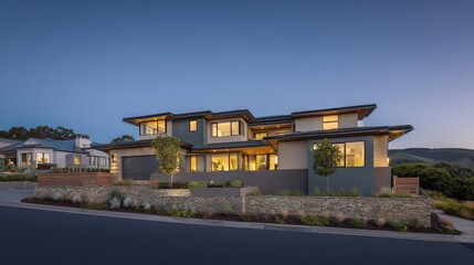 Obraz premium facade. Modern residential architecture with clean lines, bathed in neutral tones under daylight. real-estate listings.