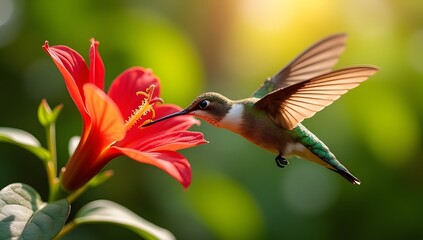 Obraz premium A hummingbird hovering gracefully to feed from a vibrant red flower, a stunning macro shot capturing movement and vivid color.