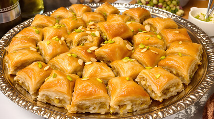 Baklava: golden pastries with pistachios and almonds, often arranged on ornate
trays.