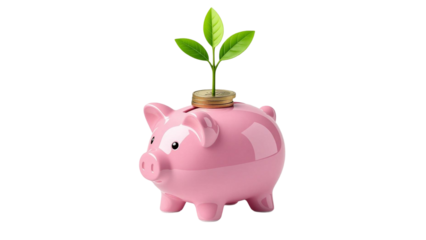 Pink Piggy Bank with Coins and Plant Growing – Financial Growth Concept Isolated on Transparent Background