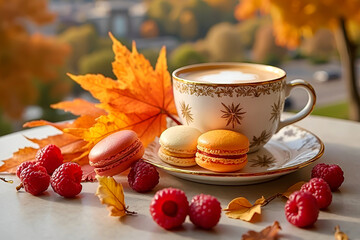 Orange, yellow, red and white French macarons on a plate on a table next to a cup of cappuccino, maple leaves, scattered cherries and raspberries against a bokeh background of an autumn landscape.