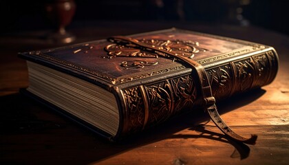 Antique leather-bound book rests on a dark wooden table, illuminated by soft light, showcasing intricate gold detailing.