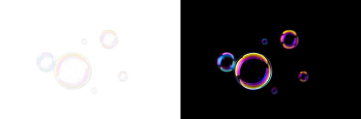 soap bubbles PNG transparent isolated realistic colorful round spheres with iridescent shine floating on two backgrounds