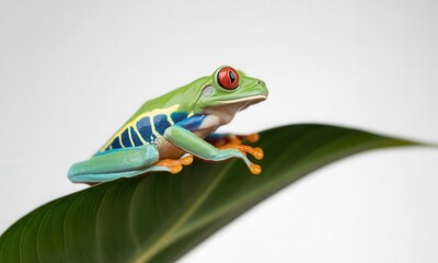 Obraz premium Vibrant red-eyed tree frog perched on a green leaf against a clean white background