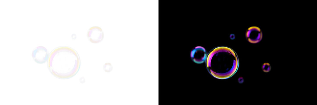soap bubbles PNG transparent isolated realistic colorful round spheres with iridescent shine floating on two backgrounds