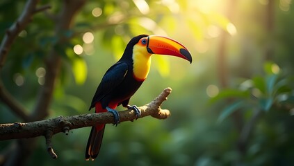 A vibrant toucan with its striking, colorful beak perched on a branch in a tropical forest, a close-up of this iconic bird.