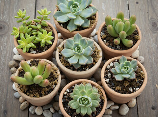 Succulent arrangement in small terracotta pots, detailed textures, top view.