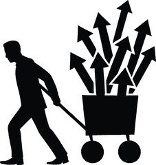 Silhouette of a man pulling a shopping cart filled with upward pointing arrows trolley © saju
