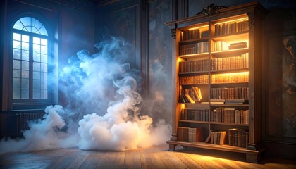 Mysterious smoke fills a dimly lit antique library, highlighting a wooden bookcase filled with aged books.