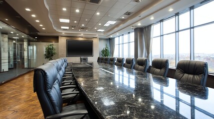 An expansive, modern conference room features a long polished table and comfortable black leather chairs, bathed in natural light from large windows, creating a sense of professional sophistication