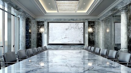 An opulent conference room showcases a harmonious blend of classical architecture and modern design, featuring marble surfaces and elegant seating, evoking a sense of power and sophistication.