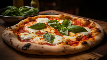 Gros plan sur une pizza margherita avec du fromage mozzarella, de la sauce tomate et des feuilles de basilic. Repas traditionnel italien cuit au feu de bois. Nourriture, d&eacute;licieux, Italie. 