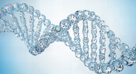 Obraz premium A 3d render of a dna double helix structure made of water droplets and bubbles, against a soft blue gradient background