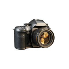 Sleek DSLR camera with a large lens isolated on black background ready for photography