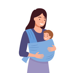 Obraz premium Mother carrying their kid in slings lifestyle concept. Positive young women mothers carrying their reborn children in cotton sling, babies feeling love and protection from mother vector illustration