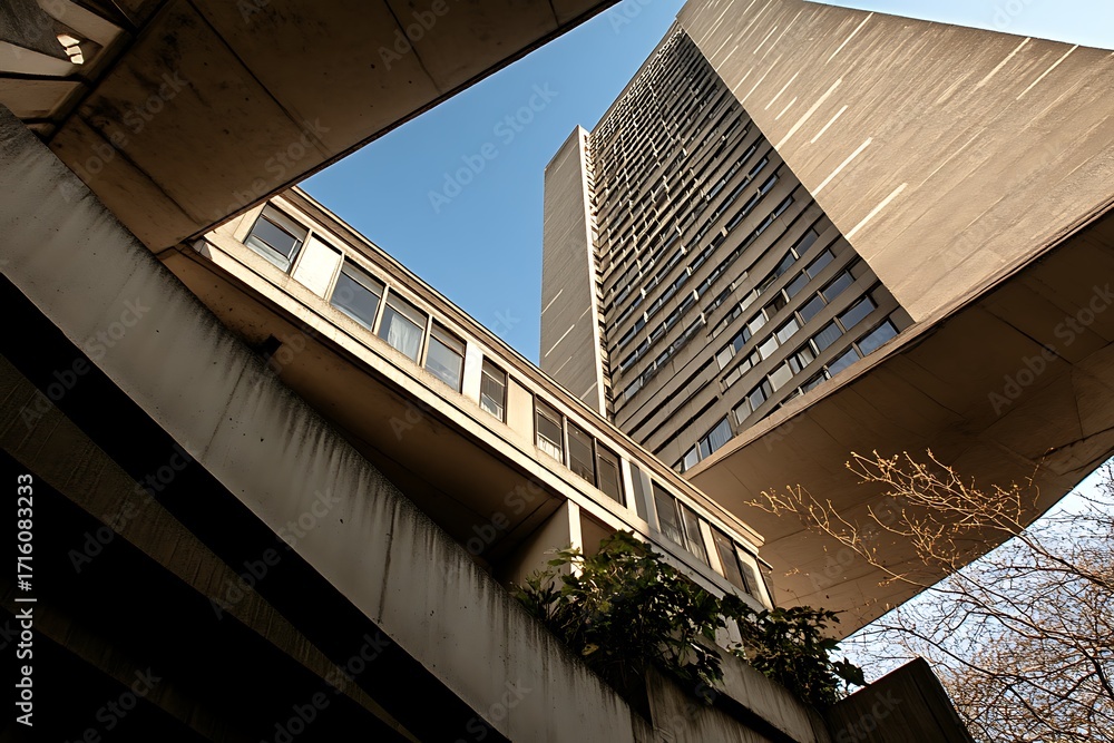 Poster high-rise brutalist building with deep shadows and strong lines creating a powerful visual impact