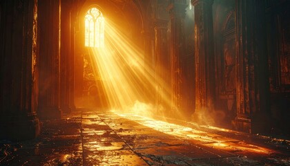 Interior view of a gothic cathedral bathed in golden sunlight streaming through a stained-glass window.