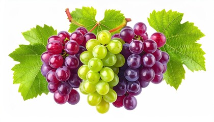 Obraz premium Three grape clusters?red, green, and purple?with vibrant leaves, isolated on a white background