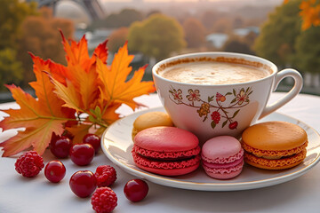Orange, yellow, red and white French macarons on a plate on a table next to a cup of cappuccino, maple leaves, scattered cherries and raspberries against a bokeh background of an autumn landscape.