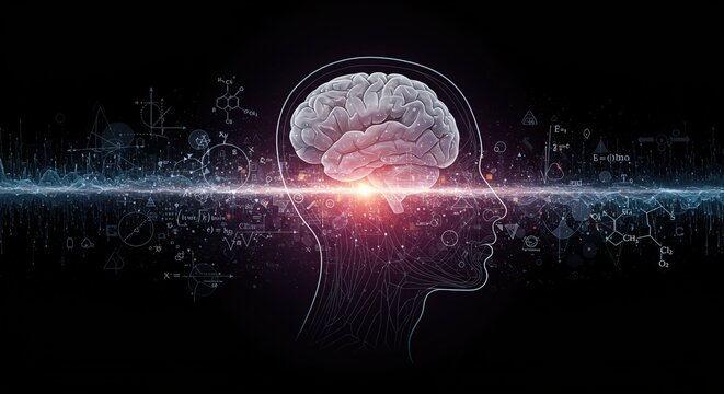 Conceptual illustration of human intelligence and the power of the mind, featuring a glowing brain amidst scientific formulas and data streams - Powered by Adobe