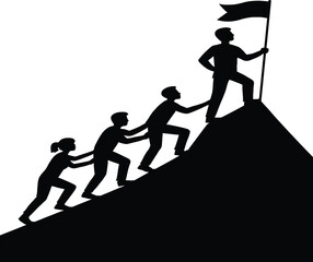 Silhouettes of people climbing a mountain towards a flag on a white background Keywords: people, climbing, mountain, summit, flag, leadership, teamwork, success, goal, achievement, journey