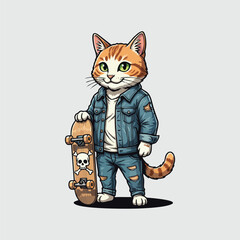 Cool cat dressed in denim holding a skateboard with a skull and crossbones art