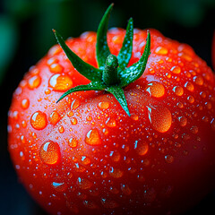 Close-up of a fresh red tomato covered in water droplets on a dark background