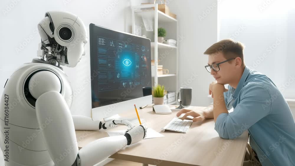 Poster white humanoid robot and young man work together in modern office. digital interface displays comple