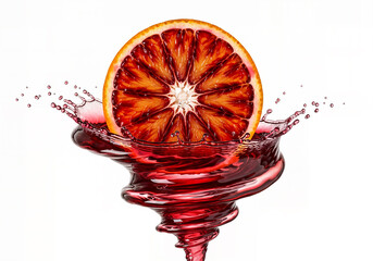 A slice of blood orange splashing into red juice, creating a dynamic vortex shape, isolated on white background