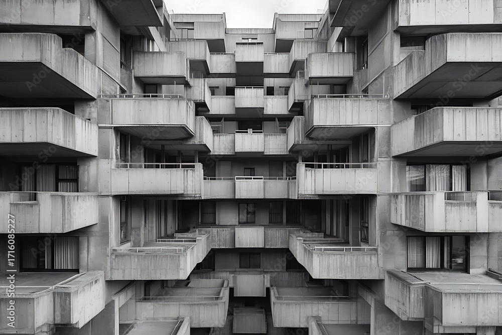 Poster multi-level brutalist residential complex with repetitive concrete patterns and sharp edges