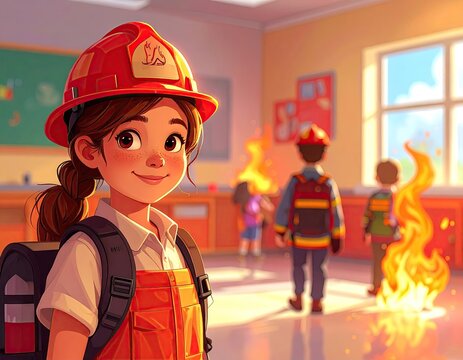 Young Firefighter Girl in Classroom with Small Fire