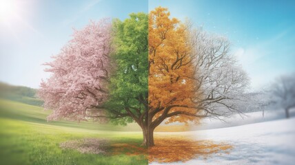 Four Seasons Harmony: A vibrant visual symphony depicting a single tree in the full bloom, showcasing the seamless transition of spring, summer, autumn, and winter.