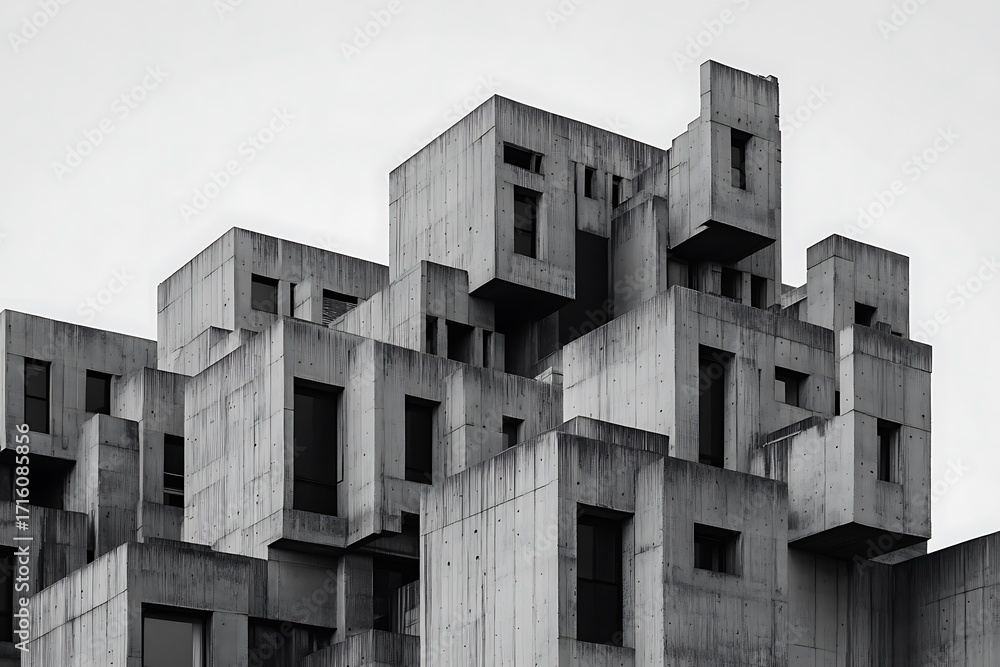 Poster multi-level brutalist residential complex with repetitive concrete patterns and sharp edges