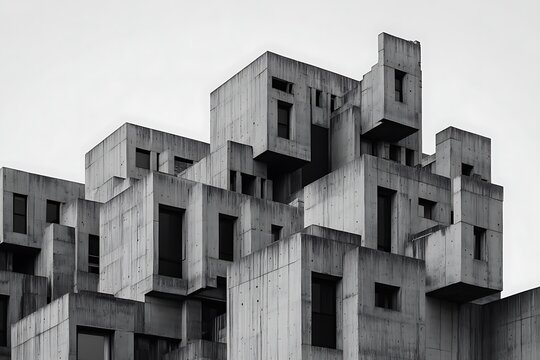 Multi-level Brutalist residential complex with repetitive concrete patterns and sharp edges 