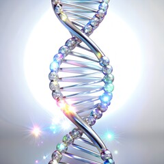 Abstract 3d rendering of a dna double helix with colorful glowing lights and sparkles