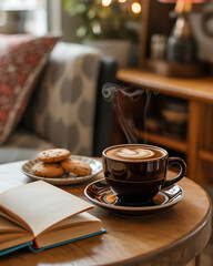 Steaming coffee cup awaits on wooden table in morning sunlight glow