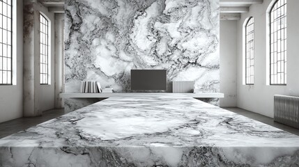 An expansive, minimalist interior features a large table and wall clad in textured, grey marble, evoking a sense of serene grandeur and natural elegance within a loft space.