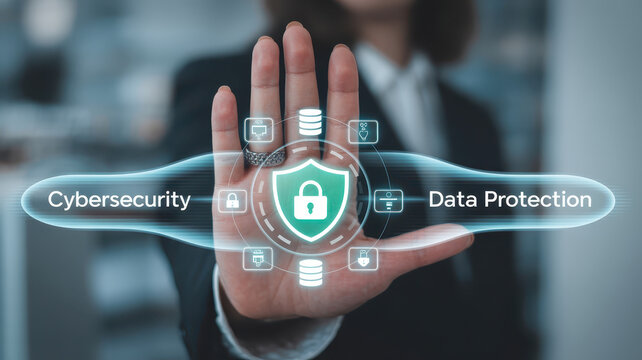 Cybersecurity data protection privacy technology secure network concept with professional hand gesture, digital shield icon, and futuristic interface in office environment