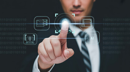 Businessman fingerprint authentication technology, digital security interface, artificial intelligence, and data protection concept, confident expression