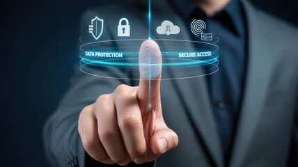Data protection, secure access, fingerprint authentication, cybersecurity, digital security, and biometric identification concept with business professional touching virtual interface