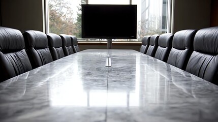 A long conference table with polished marble surface and black leather chairs dominates the frame, suggesting a formal meeting space awaiting participants, evoking a sense of anticipation and power.